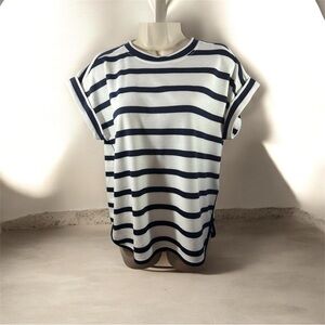 Cupio Navy and White Striped Short Sleeve Tee rolled cuffs navy binding